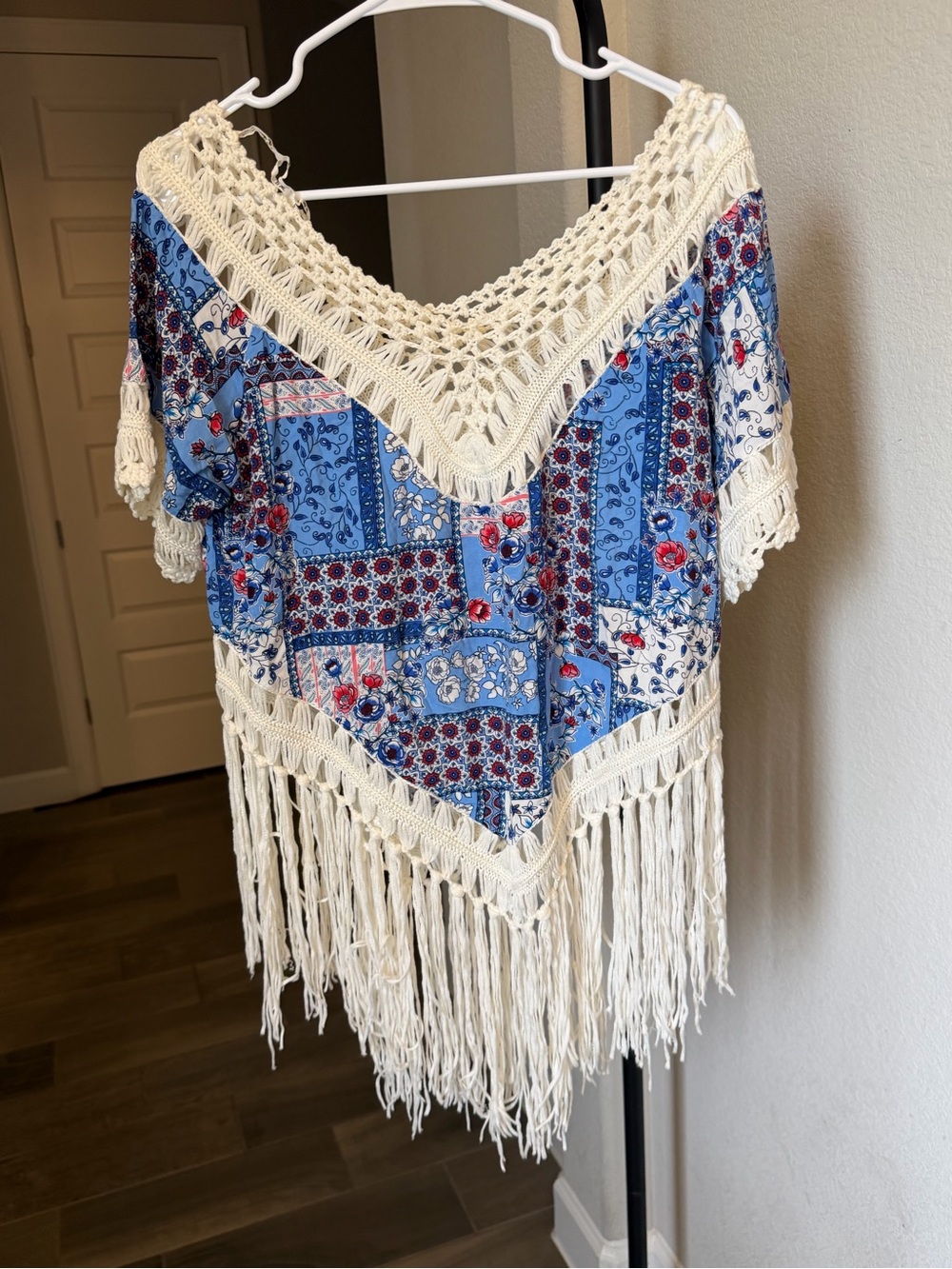 IT Girl Crochet Fringe Boho Top in Blue & Cream L